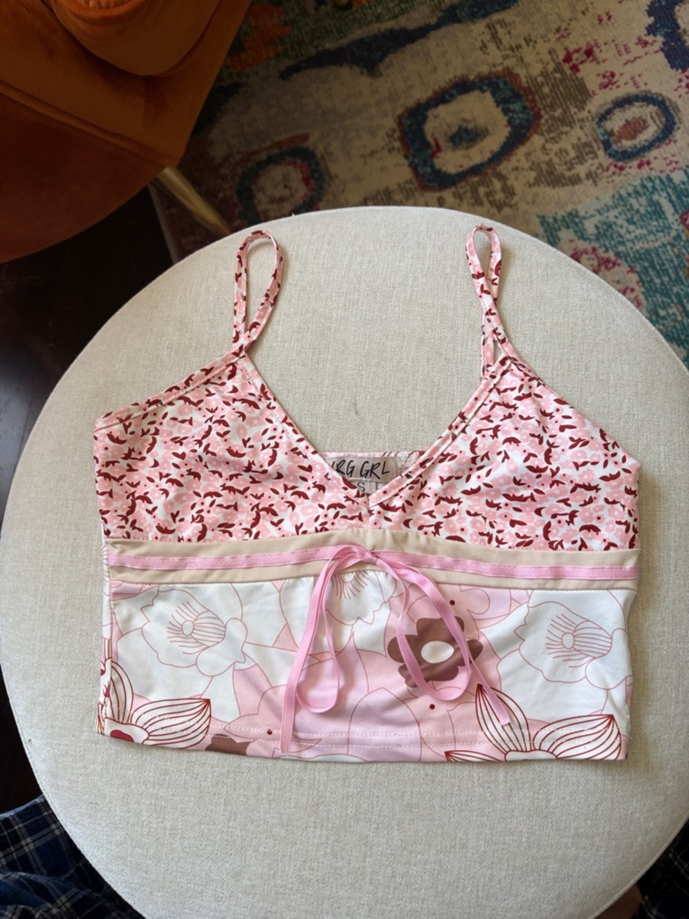 Pink Floral Spaghetti-Strap Cami with Ribbon Tie